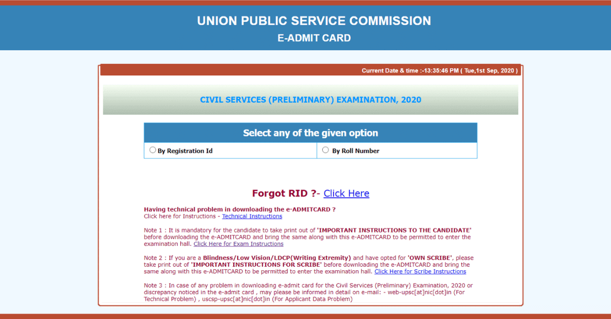 Admit Card for Civil Services Preliminary Examination 2020