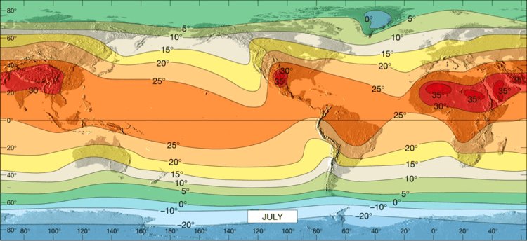 distribution of temperature- Isotherm map of July