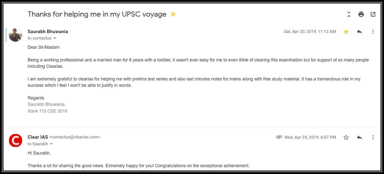 Saurabh Bhuwania - Testimonial Email to ClearIAS