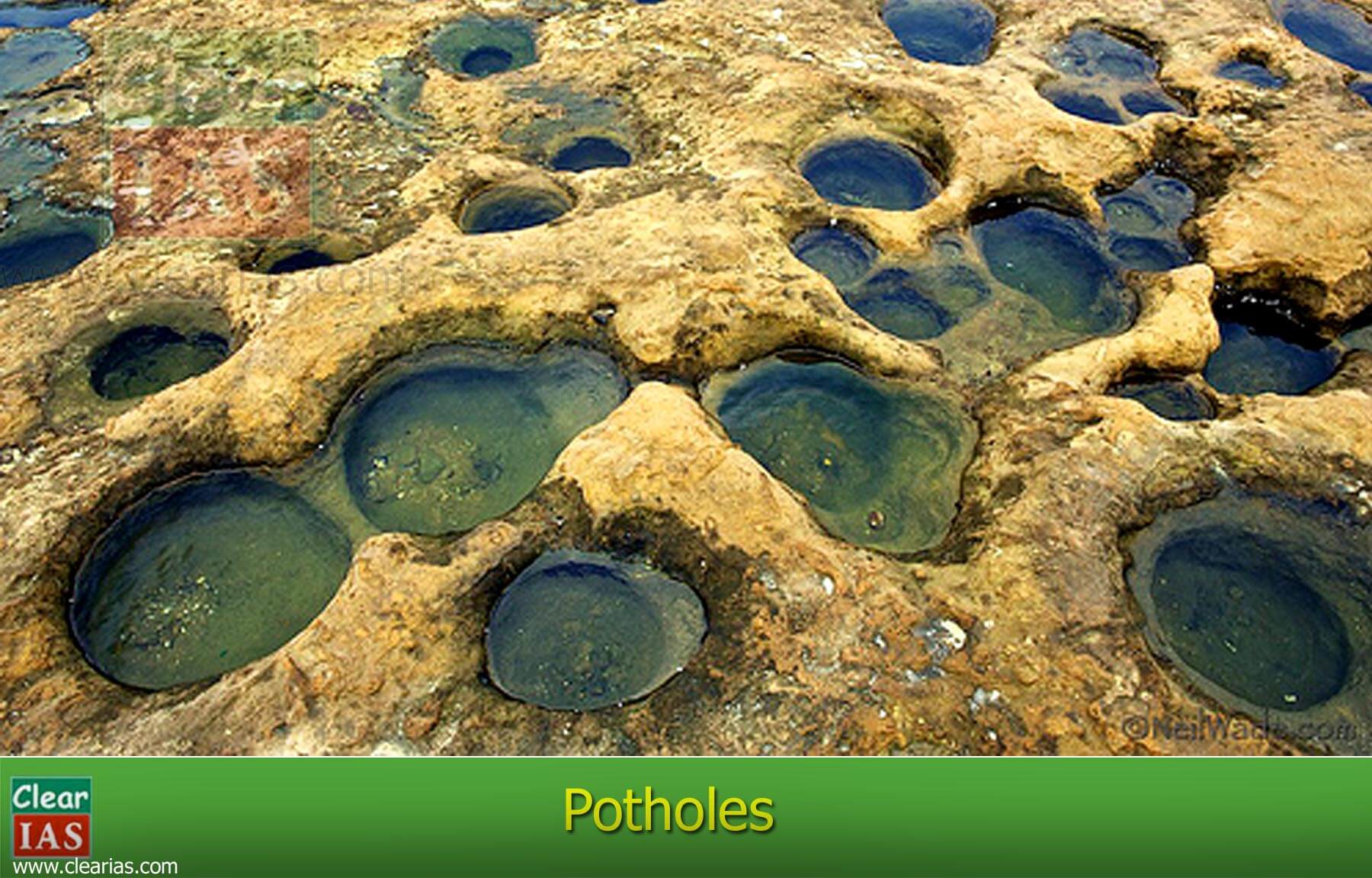 Potholes - erosional landform due to running water